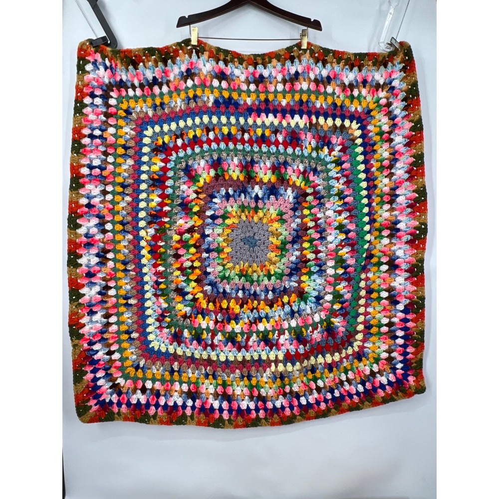 Vintage Handmade Crochet Granny Square Blanket Rainbow Boho Throw‎ 42x42